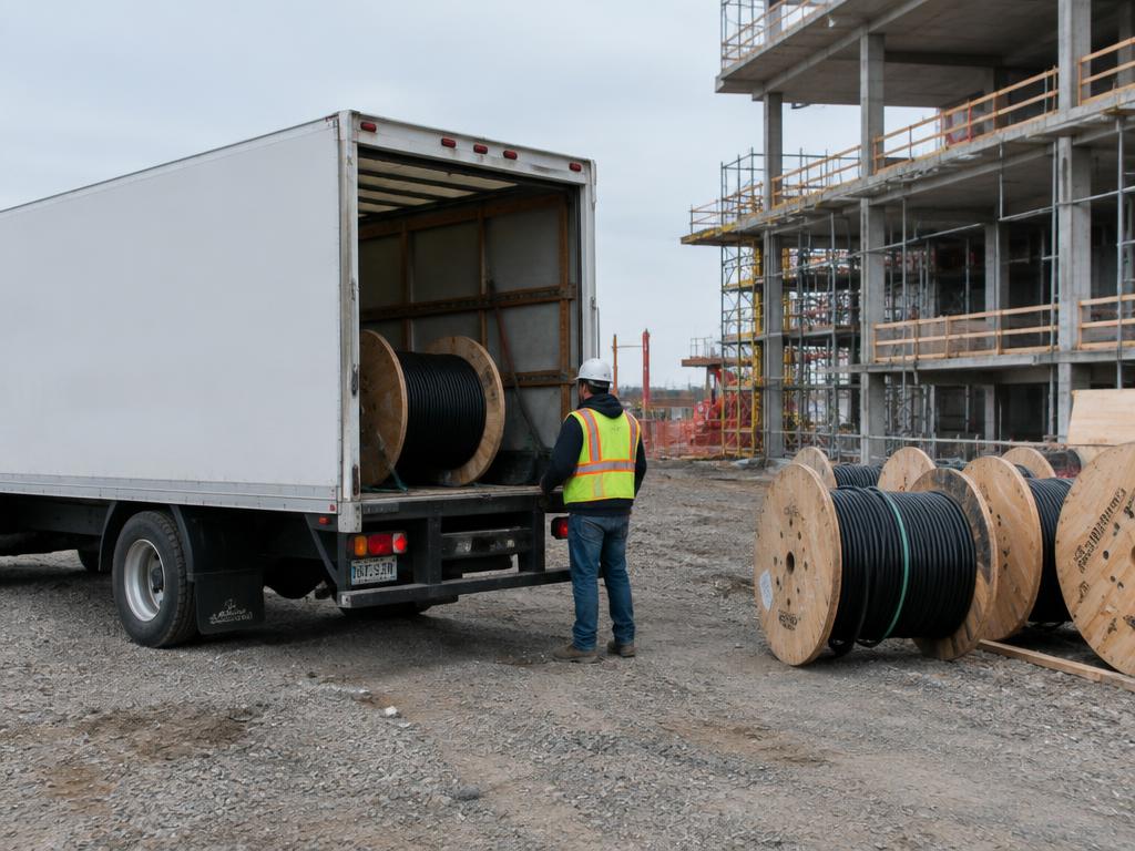 Camion livrant des tourets sur un chantier