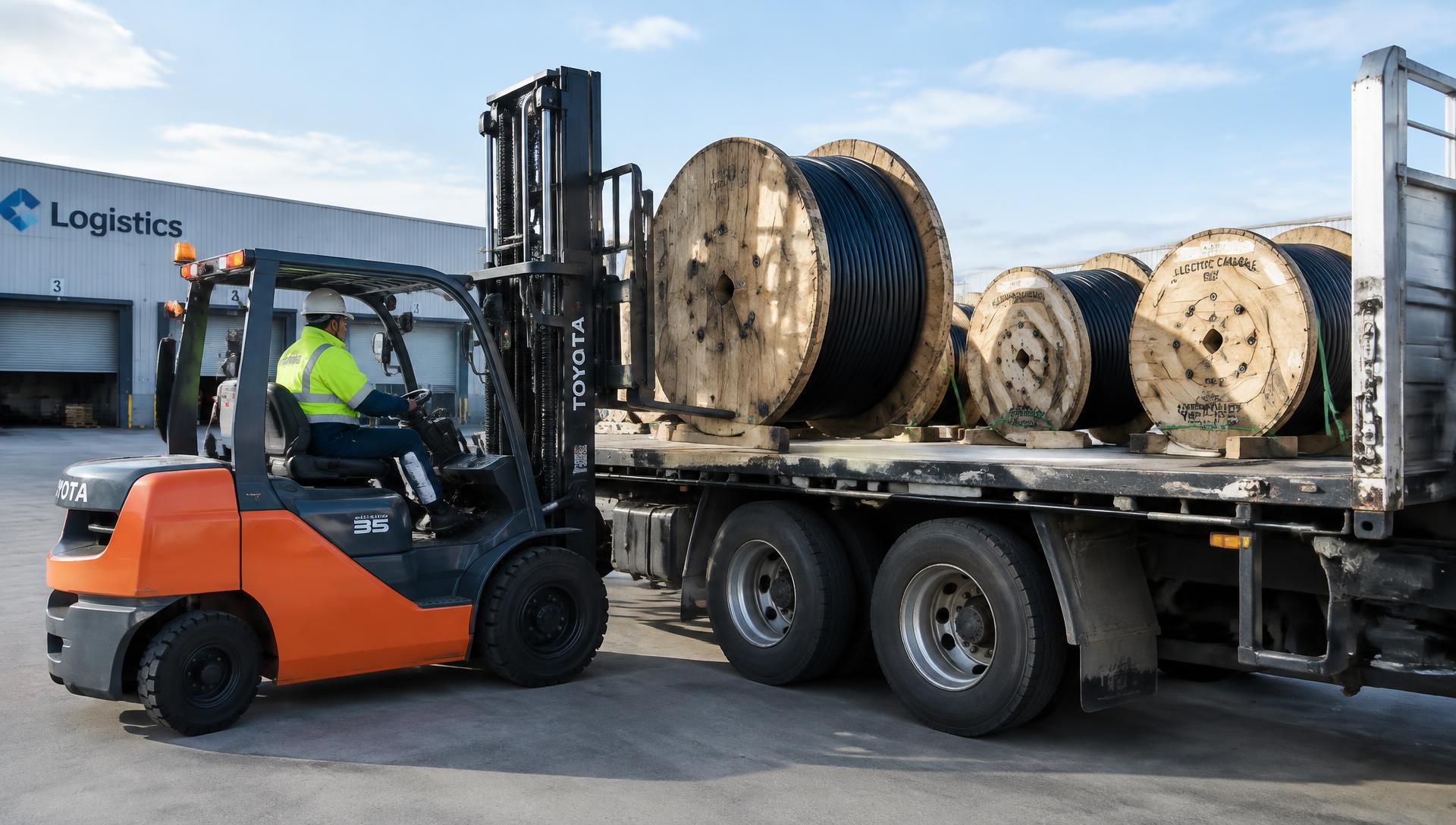 Chargement de tourets de câbles sur un camion